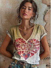 voordelige Kunst &amp; Design t-shirt-Valentijnsdag Dames T-shirt Afdrukken Hart Bloemig Grafisch Vintage Stijlvol Klassiek Korte mouw V-hals Normale tops Dagelijks Licht beige Geel Blozend Roze Zomer Lente
