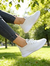 economico Sneakers da donna-scarpe da passeggio leggere bianche in Flyknit da donna: comode sneakers traspiranti con lacci, adatte per tutto il giorno, viaggi, fitness, lavoro e uscite informali