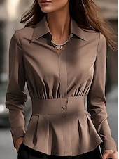 billiga Enkla blusar-Women's Dress Shirt Blouse Solid Color Elegant Stylish Basic Long Sleeve Turndown Regular Tops Daily Outdoor Work Blue Black White Brown Summer Spring Fall Winter