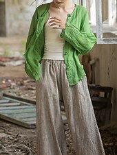 baratos Coleção de Linho Premium-Camisa feminina 100% linho, blusa com botões, lisa, estilo vintage, manga longa, gola redonda, tops regulares para uso diário, férias, sair, nas cores preto, rosa, vermelho e verde, para verão e primavera.