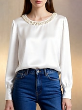 baratos Blusas Elegantes-Mulheres Blusa Com Miçangas Côr Sólida Elegante à moda Manga Longa Gola Redonda Tops regulares Diário Trabalho Preto Branco Verde Damasco Primavera Outono