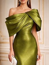 cheap Sheath Evening Dresses-Sheath Column Floor Length Evening Gown Formal Dress Elegant Glittering Sleeveless One Shoulder Wedding Formal Taffeta Cowl Back with Bow(s) Ruched