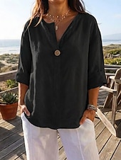 abordables Shirts-Women's Linen Shirts Blouse Patchwork Plain Stylish Modern Casual Long Sleeve V Neck Regular Tops Daily Holiday Going out Black White Navy Blue Orange Green Summer Spring