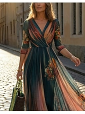 Χαμηλού Κόστους Κομψά φλοράλ φορέματα-γυναικείο μακρύ φόρεμα μάξι φόρεμα casual φόρεμα swing φόρεμα φλοράλ καλοκαιρινό φόρεμα boho φόρεμα vintage διακοπές καθημερινό εορταστικό κανονική εφαρμογή φλοράλ μακρυμάνικο ντεκολτέ V μπλε καλοκαίρι