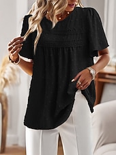 cheap Plain Blouses-Women's Summer Shirt Casual Shirt Blouse Lace Trim Solid Color Vacation Stylish Casual Short Sleeve Crew Neck Regular Tops Daily Beach Holiday Blue Black White Pink Red Summer Spring