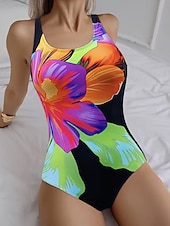 رخيصةأون مايوه قطعة واحدة-نسائي ملابس السباحة قطعة واحدة مايوه روب ملابس السباحة العطلة موضة ورد الرسم رقبة دائرية بدون كم بدلة سباحة