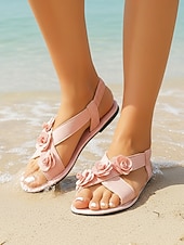 cheap Bridesmaid-Women's Blush Pink Floral Flat Sandals, Soft Ankle Strap Bridesmaid Shoes for Beach Wedding Ceremonies