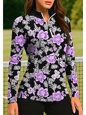 Недорогие Женская рубашка-Жен. Растения Цветочные тропический Цветочные ботанический Топы Футболка-поло Теннисная рубашка Длинный рукав С принтом Четверть молния Pullover УФ-защита Эластичный Дышащий Теннис Гольф Пиклбол