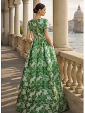  גזרת A עד הריצפה שמלות ערב שמלת נשף אלגנטית וינטאג' פרחוני שרוולים קצרים צווארון עגול קצר מסיבת חצר חתונה כיס ג'אקרד גב בדוגמת דרפה עם שסע כיס