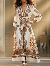 voordelige Vakantie Boho Jurk-Dames Maxi-jurk Casual jurk Bloemetjesjurk Elegant Modieus Modern Buiten Vakantie Uitgaan Normale pasvorm Bloemig Effen Lange mouw V-hals Wit Zomer Lente