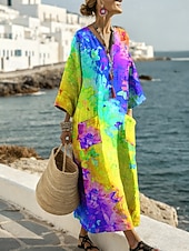 economico Arte &amp; Design Abiti-Abito Maxi da Donna in Lino Abito Casual Giornaliero Fit Lungo Ombre Grafica Maniche Lunghe Collo a V Blu Giallo Rosso Viola Estate Primavera