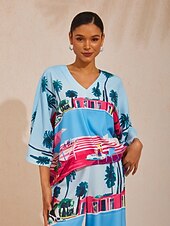 Недорогие рубашки, топы и блузки-Шелковистый атласный топ с рукавами «летучая мышь» из Санторини, летний