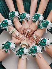 abordables Boda ACC-Ramillete de muñeca de rosas para mujer, flor de cinta de poliéster con pulsera elástica de perlas falsas, varios colores, accesorio elegante para damas de honor y novias para bodas, bailes de graduación y eventos formales.