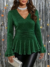 tanie gładka koszulka-Damskie Bluzka Cekiny Falbana Jednokolorowe Elegancja Impreza Elegancki Długi rękaw W serek Zwykłe topy Codzienny Niebieski Czarny Czerwony Zielony Morelowy Wiosna Jesień