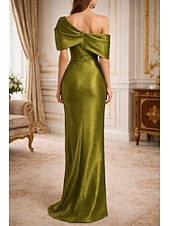 cheap Sheath Evening Dresses-Sheath Column Floor Length Evening Gown Formal Dress Elegant Glittering Sleeveless One Shoulder Wedding Formal Taffeta Cowl Back with Bow(s) Ruched