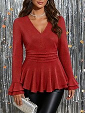 tanie gładka koszulka-Damskie Bluzka Cekiny Falbana Jednokolorowe Elegancja Impreza Elegancki Długi rękaw W serek Zwykłe topy Codzienny Niebieski Czarny Czerwony Zielony Morelowy Wiosna Jesień