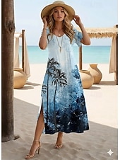 economico Abiti floreali-Per donna Abito Midi Vestito Estivo Abito a trapezio Vacanza Casual Boho A farfalla Vacanza Uscire Vestibilità regolare Floreale Grafico Arcobaleno Manica Corta Girocollo azzurro cielo Blu bianco