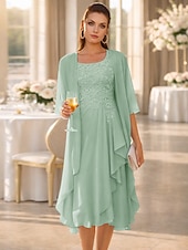  Duas Peças Linha A Até os Joelhos Vestido de convidada de casamento Vestido Para Mãe dos Noivos Sem Manga Scoop pescoço Elegante Convidado do casamento Festa de Casamento Chiffon Renda Vestidos de