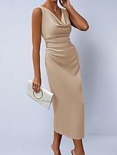 preiswerte Einfaches Kleid-Damen Midikleid Satinkleid Partykleid Figurbetontes Kleid Elegant Mode Modern Outdoor Urlaub Ausgehen Normale Passform Einfach Ärmellos Wasserfallausschnitt Hellgrün Grün Aprikose Sommer Frühling