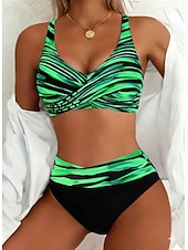 economico Bikini-Costume da bagno da donna bikini a 2 pezzi con vita alta moda vacanziera grafica a righe collo V costumi da bagno senza maniche