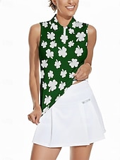  St. Patrick Women's Clover Tennis Shirt Sleeveless Print UPF50+ Quick Dry Tennis Golf Badminton Zip Collar Tee Tshirt Top Dark Green Spandex Tennis Clothing