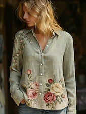  Dámské Košile Boho košile Imitace bavlny a lnu Knoflíky Tisk Květinový Grafika Čechy Aktivní Vinobraní Dlouhý rukáv Košilový límec Běžné topy Denní Dovolená Trávová zelená Jaro Podzim