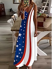  Ziua Independenței Rochie Maxi Purtătoare de Drepturi Femei Patriotic Rochie A-Line Rochie Slip Vacanță Casual Ieșire Ajustare Regulată Grafic Steag Fără Mâneci Guler în V Bretele Spaghetti Albastru