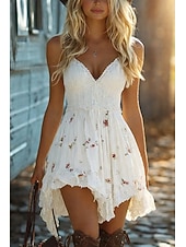 baratos Vestido Boho Ocidental-Vestido curto feminino, vestido casual, vestido de verão, vestido de alça, vestido boho, vestido vintage, vestido de férias, vestido para uso diário, vestido para sair, modelagem regular, floral, sem mangas, alças, preto, branco, primavera, verão