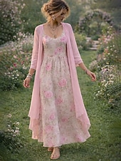 abordables Vestido Floral-Mujer Conjunto de vestido Vestido de una línea Vacaciones Boho Floral Graphic Multi capa Estampado Vestido maxi Manga Larga Escote en Pico Diario Vacaciones Amarillo Rosa Verde Trébol Verano Primavera