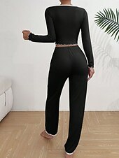 baratos Tops e partes de baixo de dormir para mulher-Mulheres Conjunto de Pijama Casual Conforto Cor imaculada Renda Cintura elástica Calça Diário Casa Manga Longa Decote V Azul Preto Rosa Vermelho Cáqui Verão Primavera Outono Normal
