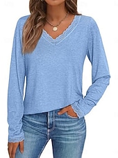 cheap Plain tee-Women's T-Shirt  Solid Color Stylish Casual Long Sleeve V Neck Regular Tops Daily Lace Patchwork Blue Black White Green Dark Gray Spring Fall Winter