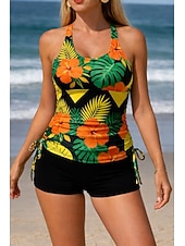 baratos Tankinis-Mulheres Roupa de Banho Tankini 2 partes Cintura Alta roupa de banho Compressão abdominal Cintura Alta Delgado Frente Única Férias Roupa de Praia Floral Decote U Sem Manga Fatos de banho