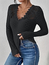 billiga Enkel t-shirt-Dam Spets Splicing Top Spets Ögla Ensfärgat Elegant Mode Sexig Långärmad V-hals Vanliga toppar Dagligen Utekväll Helgen Blå Svart Vit Höst Vinter