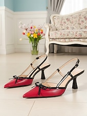 preiswerte Retro-Stil der 1950er Jahre-Rote und schwarze Vintage-Slingback-Pumps im Stil der 1950er-Jahre mit Schleife – elegante Retro-Pumps mit spitzer Zehenpartie und mittelhohem Absatz für romantische Dates, Valentinstag, Hochzeiten