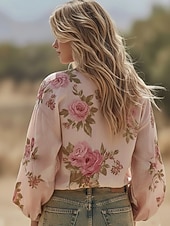  Kvinnors Boho Blus Linne Likt Andningsbart Lätt Blommig Grafik Vintage Stilig Långärmad V-ringad Vanliga toppar Gul Rosa Marinblå Sommar Vår