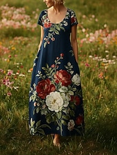  Naisten Maksimekko Boho-mekko Rento mekko Vintage Päivittäin ulko- Hiekkaranta Loose Fit Kukka Lyhythihainen U kaula-aukko Punastuvan vaaleanpunainen Armeijan vihreä Laivaston sininen Kesä Kevät