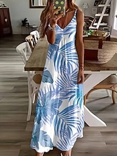 halpa Kukkaiset mekot-Naisten Maksimekko Kesämekko A linjainen mekko Slip Mekko Loma Vapaa-aika Boheemi Hiekkaranta Loose Fit Kuvitettu Lehti Hihaton V kaula-aukko Spagettiolkaimet Valkoinen Vaalean vihreä Punastuvan