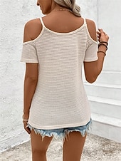 cheap Plain tee-Women's Cold Shoulder Tops Waffle Knit Tops Lace Patchwork Embroidered Solid Color Elegant Stylish Casual Short Sleeve Cold Shoulder Regular Tops Daily Going out Black Apricot Summer Spring