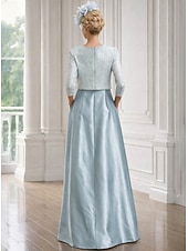 abordables Conjuntos de vestidos para mamá-Dos Piezas Corte A Hasta el Suelo Vestido Invitada Boda Vestido de Madrina Manga 3/4 Escote en Pico Elegante Brillos Y Estrellas Formal Fiesta de Boda Satén Lentejuelas Bolero incluido con Lazo(s)