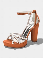 cheap Bride-Women's Ivory Platform Chunky Block Heel Sandals, Pearl-Embellished Ankle Strap Bridal Shoes for Church Weddings