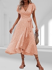 זול שמלות פרחוניות יומיומיות-בגדי ריקוד נשים שמלת מידי שמלת קז'ואל שמלת מעטפת שמלה פרחונית אלגנטית אופנתי מודרני בָּחוּץ חופשה ליציאה רגיל פרחוני שרוולים קצרים צווארון V שחור צהוב ורוד מסמיק אודם קיץ אביב