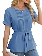 preiswerte Einfache Blusen-Damen Popover-Hemd Sommerhemd Freizeithemd Bluse Gerafft Schnürung Einfach Elegant Stilvoll Basic Kurzarm Rundhalsausschnitt Normale Oberteile Täglich Strand Ferien Blau Schwarz Weiß Grün Sommer
