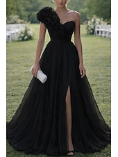 cheap Long Dresses &amp; Gowns-Ball Gown A-Line Floor Length Prom Dresses Elegant Sleeveless One Shoulder Prom Quinceanera Tulle Cowl Back with Embroidered Flower Ruffles Slit