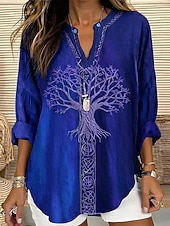 preiswerte Kunst &amp; Design Blusen-Damen Bluse Gerafft Bestickt Druck Ombre Grafik Geometrisch Vintage Tropisch Hawaiianisch Langarm V Ausschnitt Lange Oberteile Täglich Ferien Urlaubskleidung Blau Weiß Beige Sommer Frühling