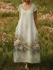 baratos Vestidos Florais Impressos-Mulheres Vestido maxi longo Vestido Boho Vestido casual Vintage Diário Ao ar livre Praia Ajuste Largo Floral Manga Curta Decote U Verde Verão Primavera