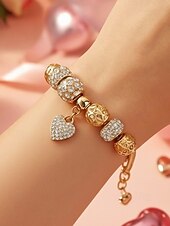 levne Dámský náramek-Dámský náramek s přívěskem ve tvaru srdce z lehké slitiny s třpytivými kubickými zirkony, ideální jako dárek k Valentýnu nebo pro každodenní nošení.