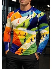 abordables T-shirts et Débardeurs de Course-Homme Géométrique T-shirt de compression Haut de course T-shirt de course Printemps Automne Impression 3D manche longue Séchage Rapide Compression Power Flex Évacuation de l'Humidité Respirant