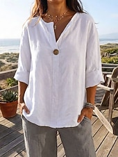 abordables Shirts-Women's Linen Shirts Blouse Patchwork Plain Stylish Modern Casual Long Sleeve V Neck Regular Tops Daily Holiday Going out Black White Navy Blue Orange Green Summer Spring