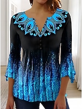  Dámské tričko ombre květinová grafika elegantní vintage stylové 3/4 rukáv V-výstřih standardní topy na každodenní nošení knoflíky modrá růžová červená zelená léto jaro