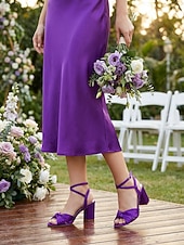 economico Damigella d&amp;#39;onore-sandali da donna con tacco a blocco in raso fucsia, scarpe eleganti con cinturino alla caviglia e fiocco per damigelle d'onore per matrimoni all'aperto in giardino